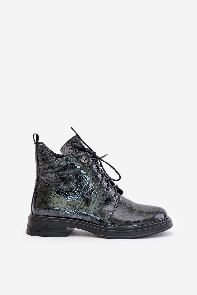 Women's leather patent leather ankle boots insulated with D&A zip black-gray