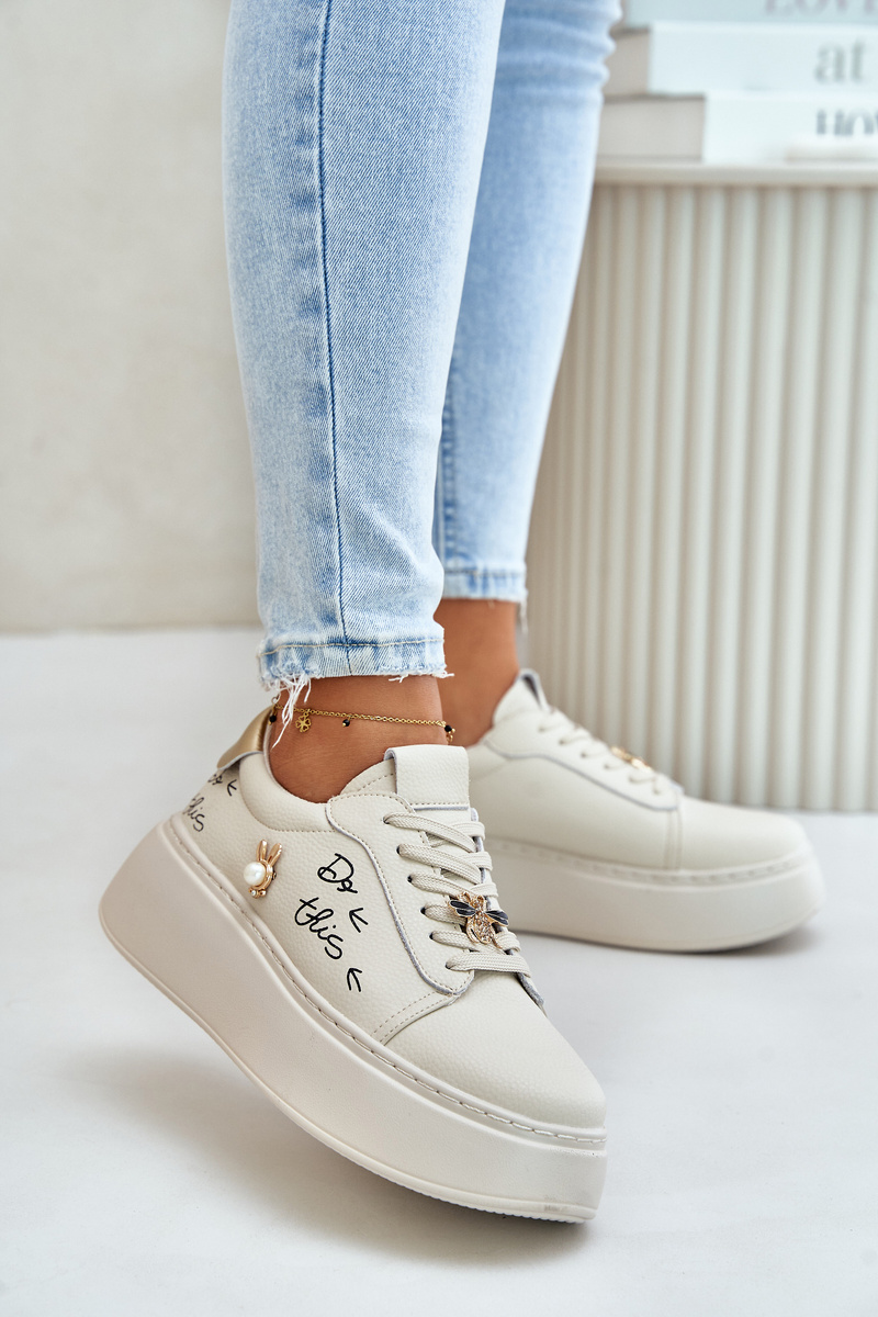 Women's Leather Platform Sneakers With Badges And Vinceza Beige Inscription