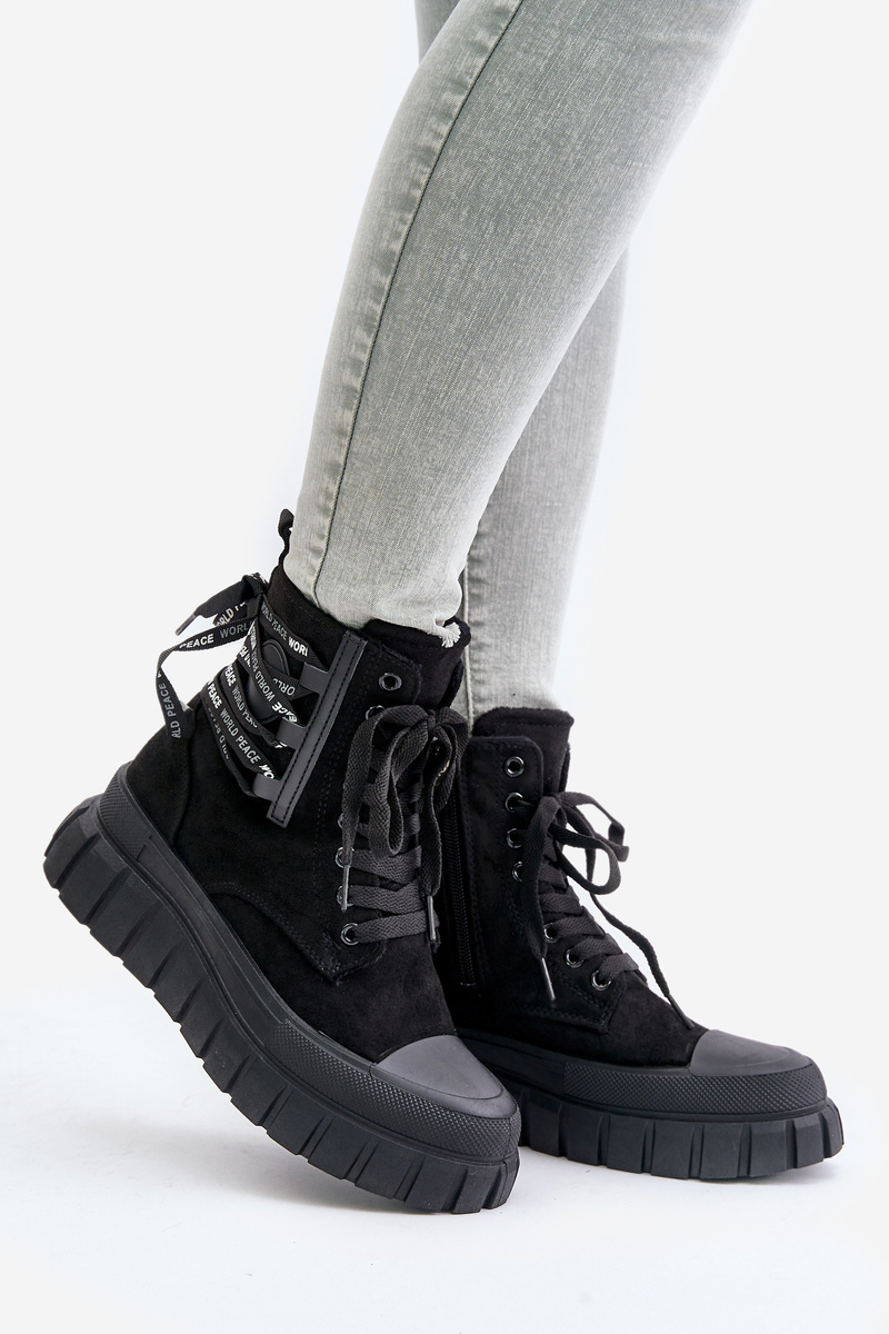 Women's platform ankle boots with decorative lacing black edidda