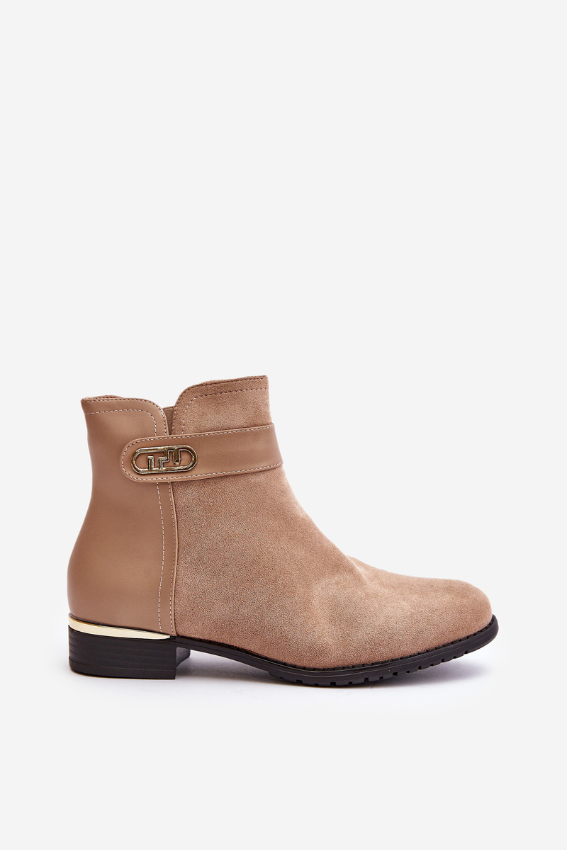 Insulated women's ankle boots on a flat heel with gold details beige Ravasira