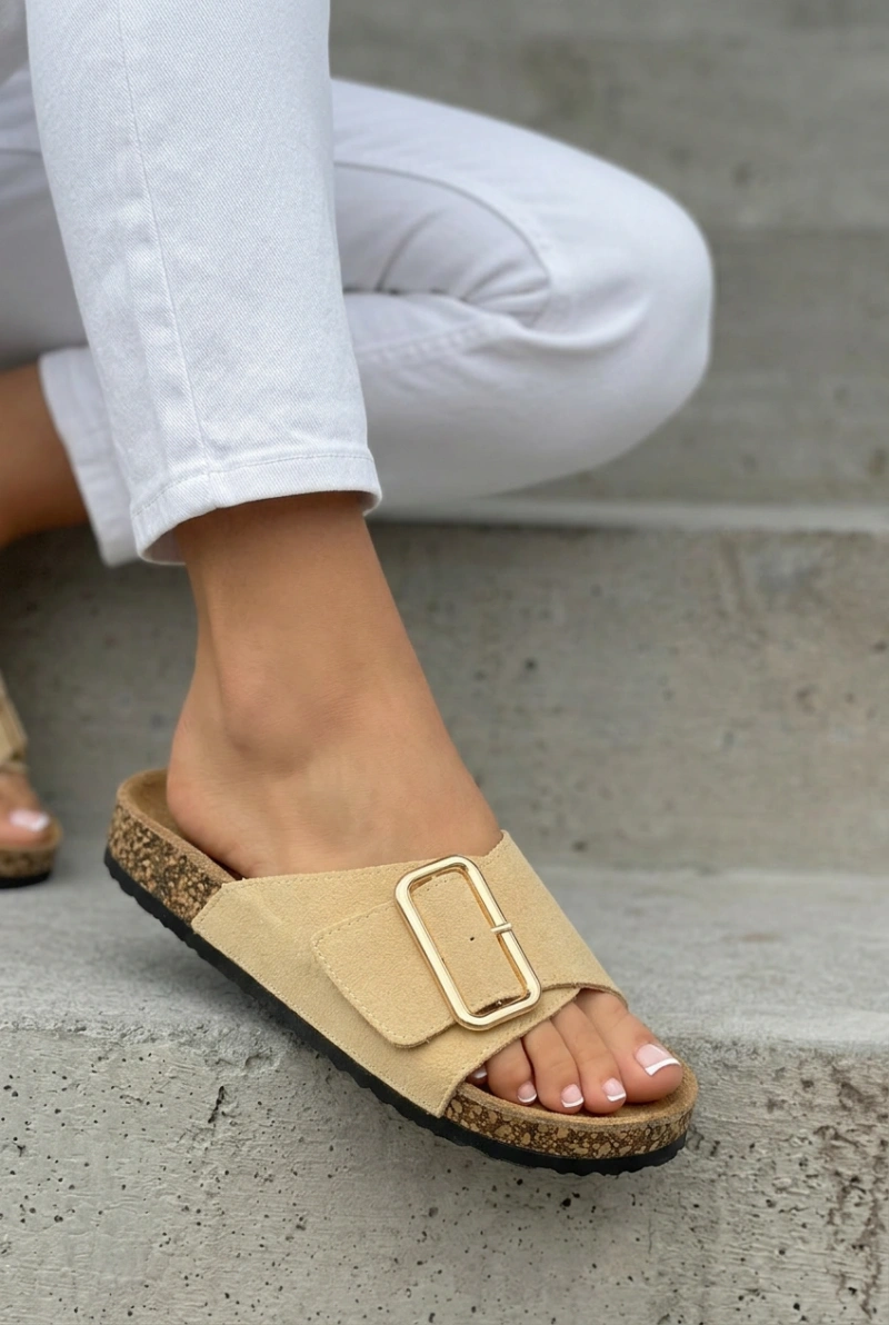 Boto kožené semišové šľapky s prackou béžové