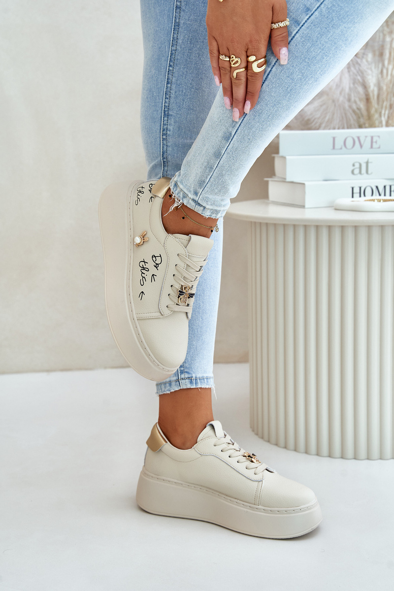 Women's Leather Platform Sneakers With Badges And Vinceza Beige Inscription