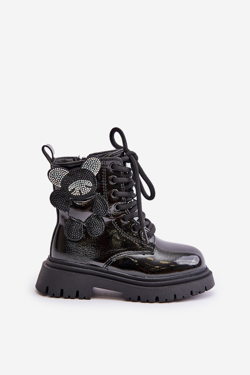 Insulated girls' ankle boots with fur on zip lacquered black Relobia