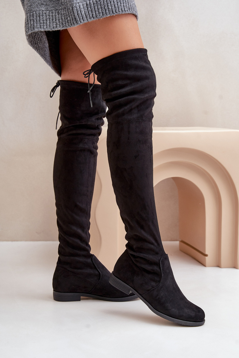 PH2 Knee High Flat Heel Boots Made Of Eco Suede Black Linnithia