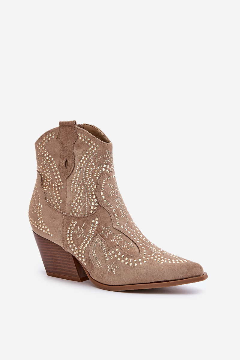 Decorated ankle cowboy boots with heels beige Kaivina