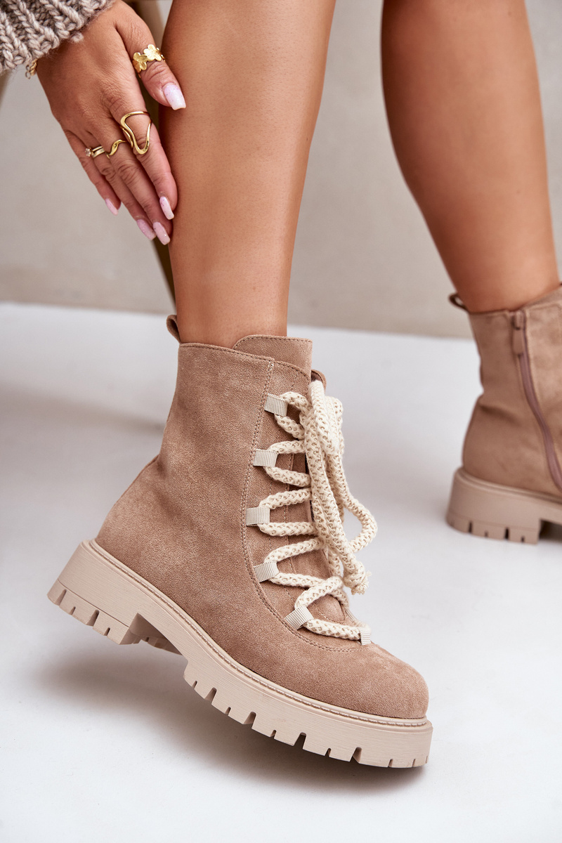 Insulated ankle boots made of eco suede with a zip beige Caellita