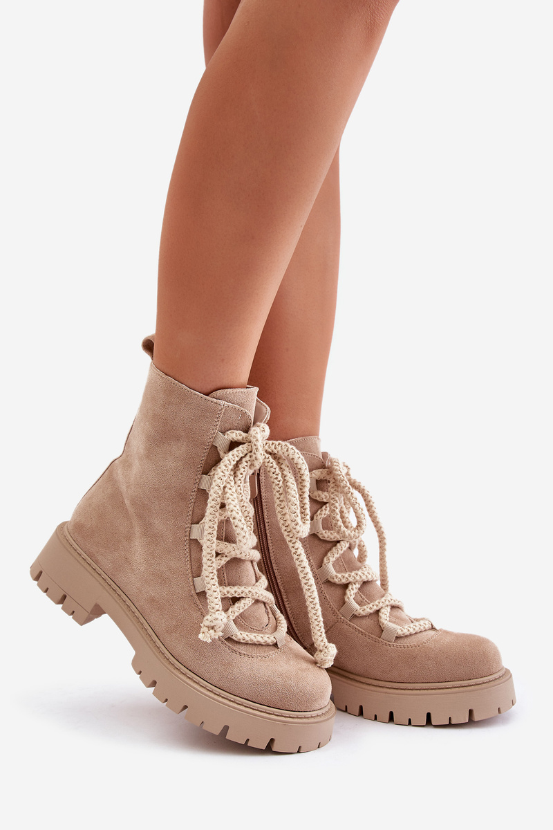 Insulated ankle boots made of eco suede with a zip light beige Caellita