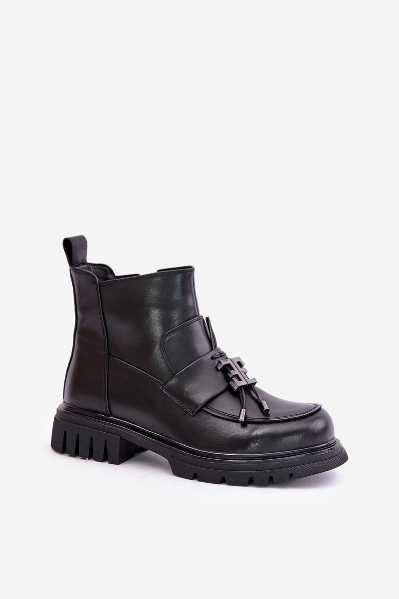 Leather ankle boots on a flat heel with a black insulated black Asperra decoration