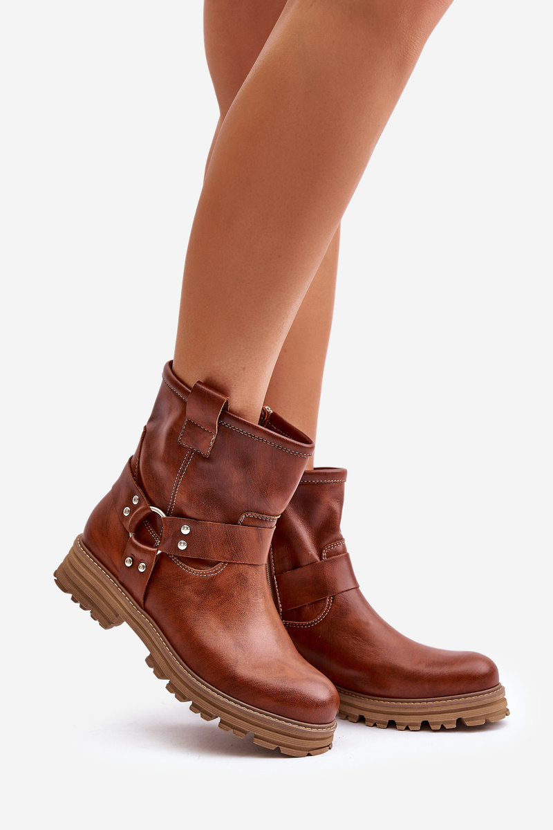 Leather women's ankle boots with flat heel Lewski brown