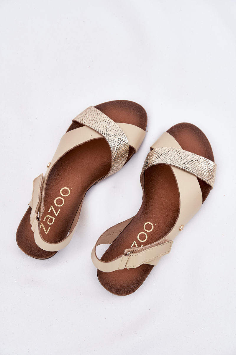 Kožené sandále na suchý zips béžovo-zlaté Zazoo 40141