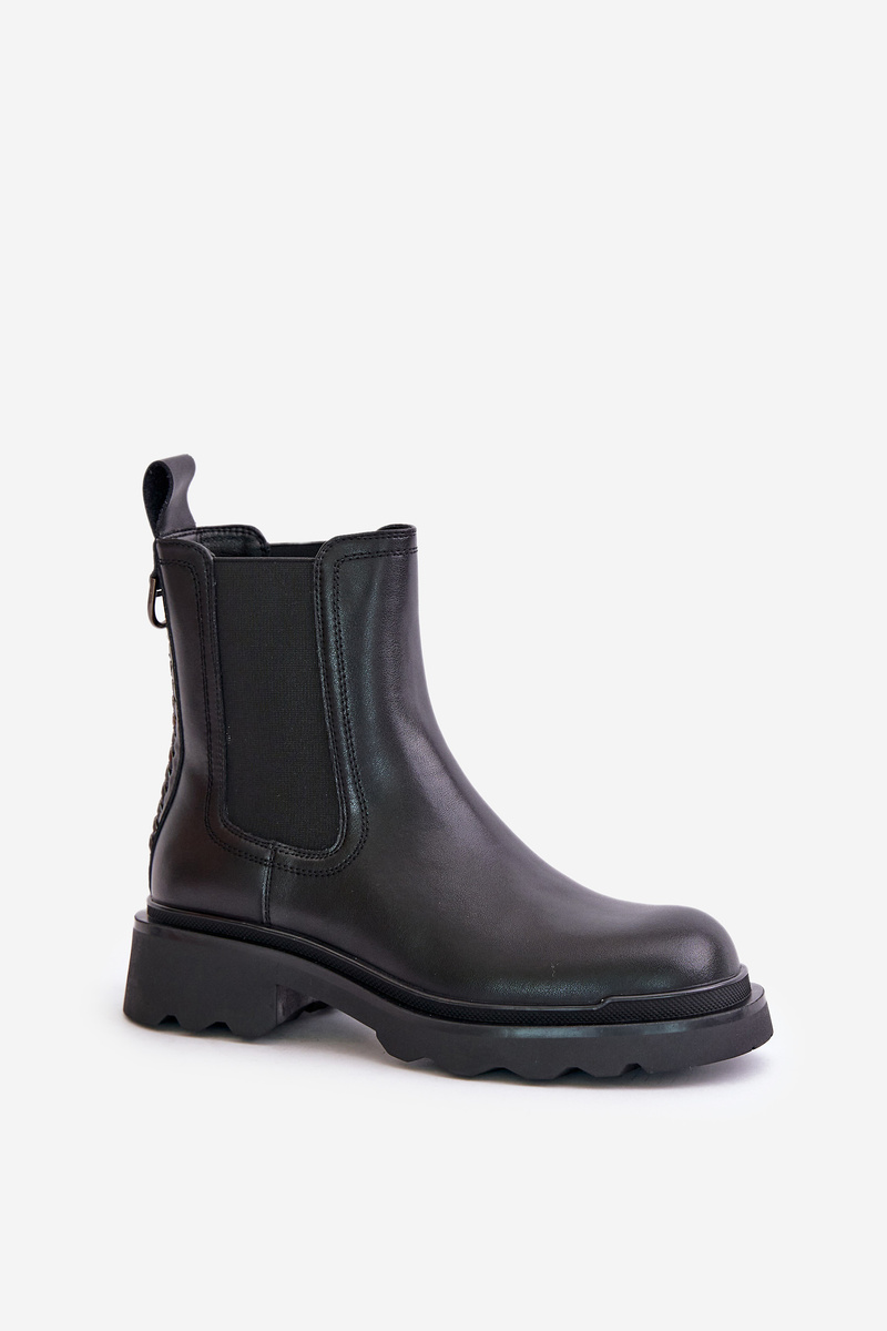 Leather ankle boots Chelsea with decorative chain insulated D&A black
