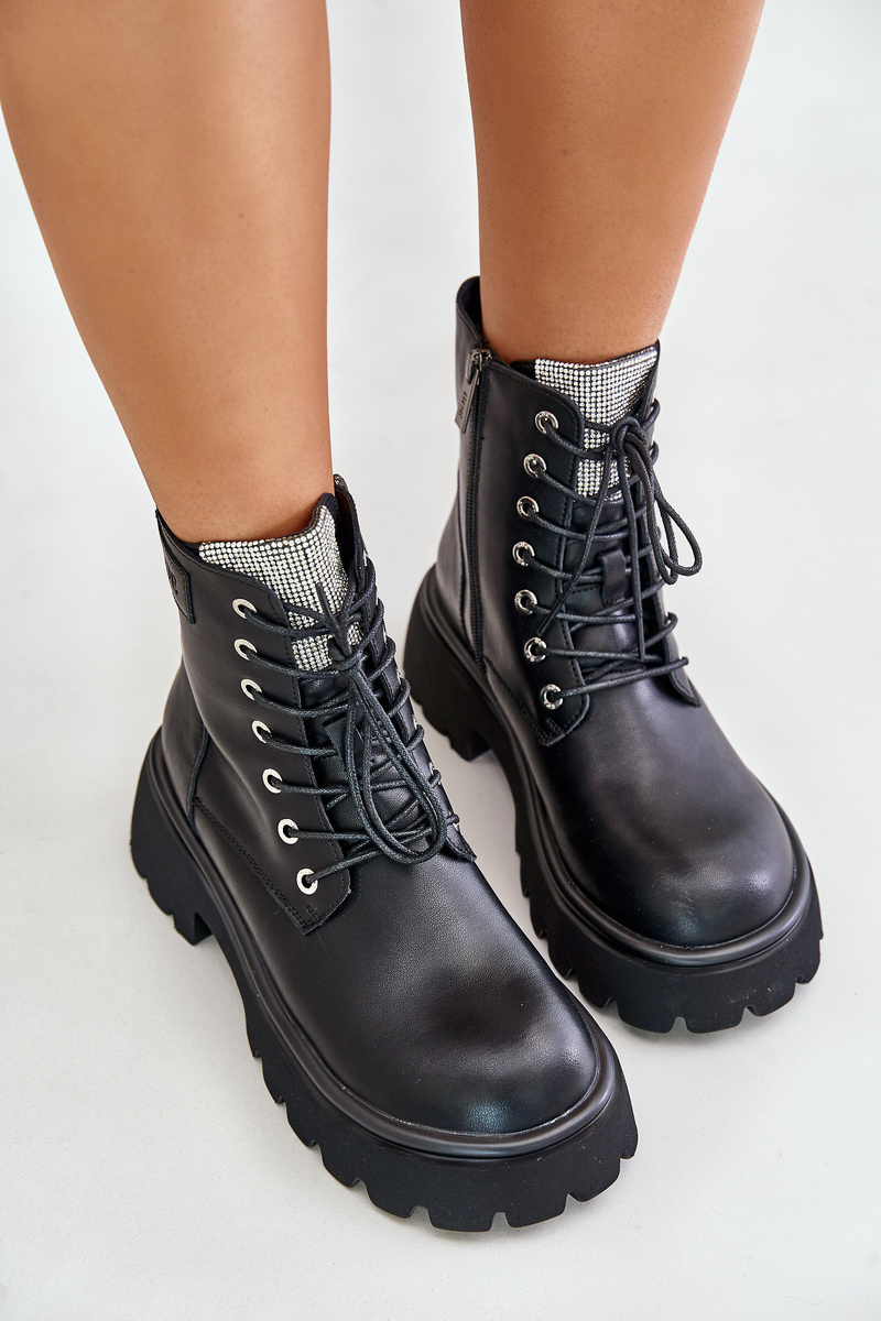 Women&#039;s Insulated Leather Ankle Boots Workery with GOE Crystals Black
