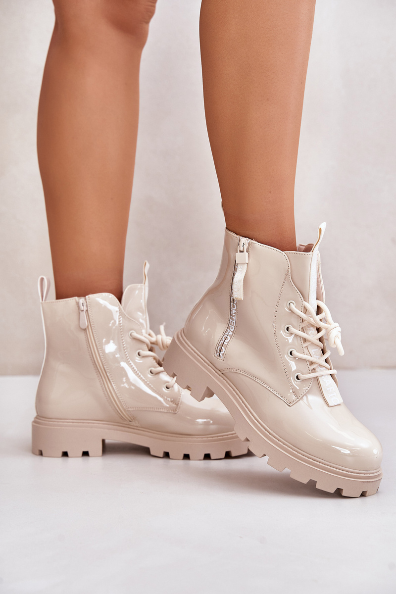 Patent Leather Ankle Boots Worker Women's Insulated with Beige Zinfreya Inscriptions