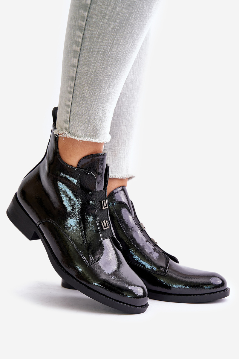 Patent leather ankle boots with zipper insulated flat heel S.Barski black