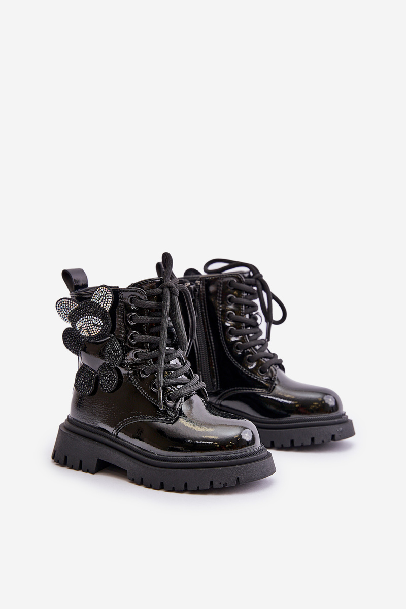 Insulated girls' ankle boots with fur on zip lacquered black Relobia