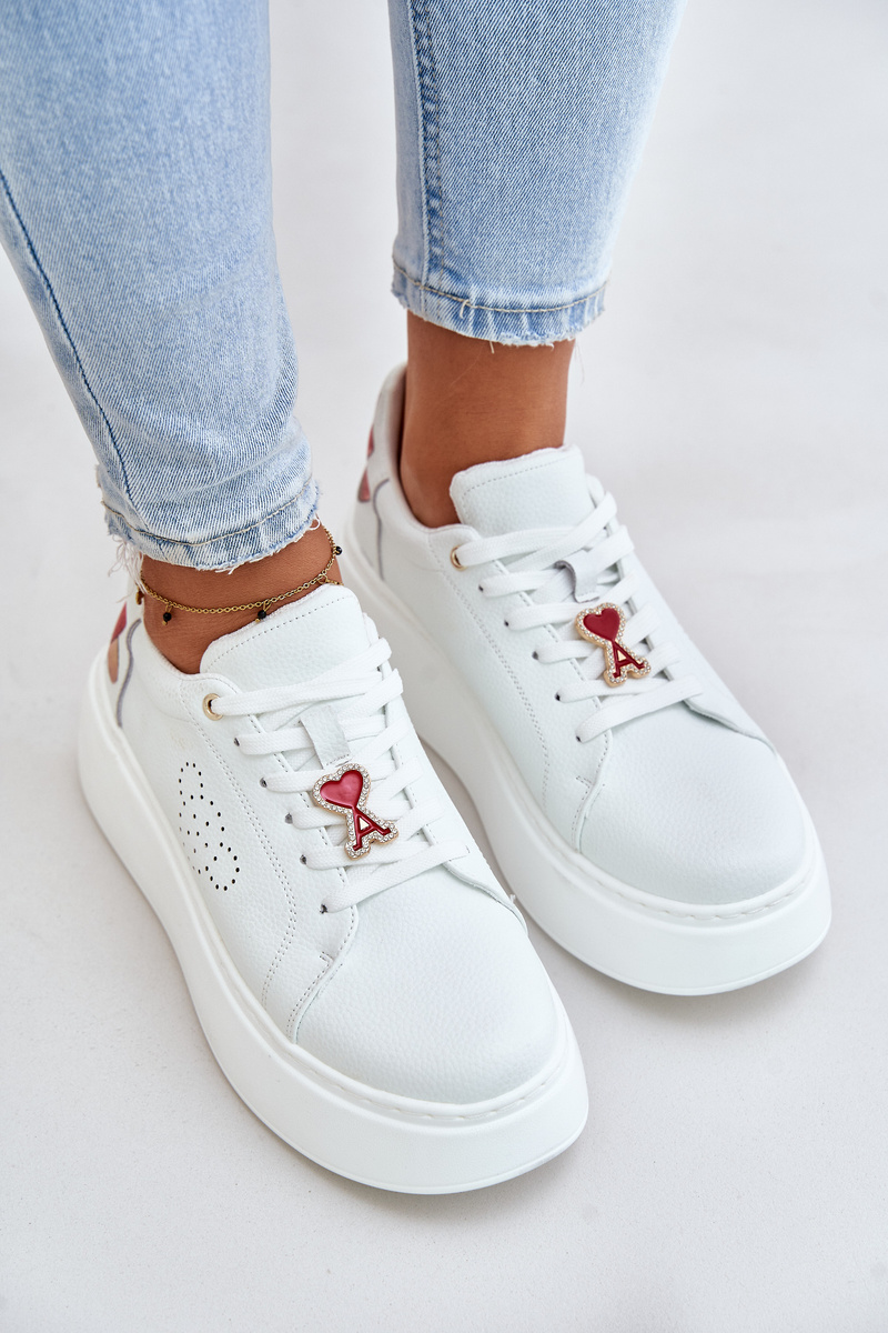 Women's Leather Platform Sneakers With Brooch And Decorative Flower White