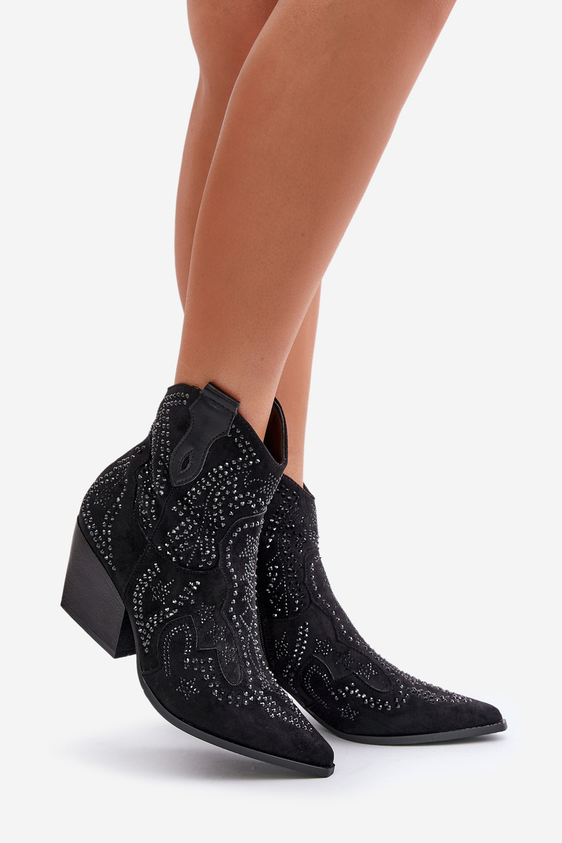 Decorated Ankle Cowboy Boots Heeled Black Kaivina