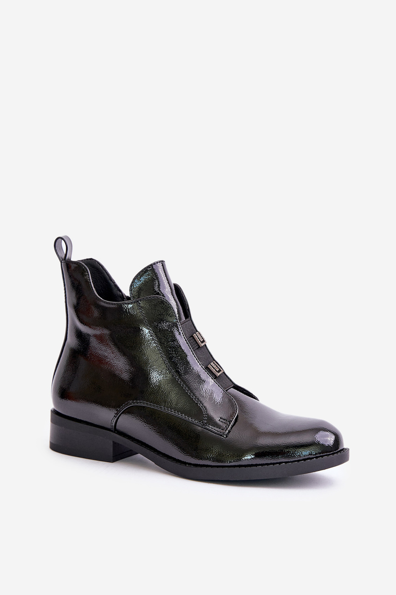 Patent leather ankle boots with zipper insulated flat heel S.Barski black