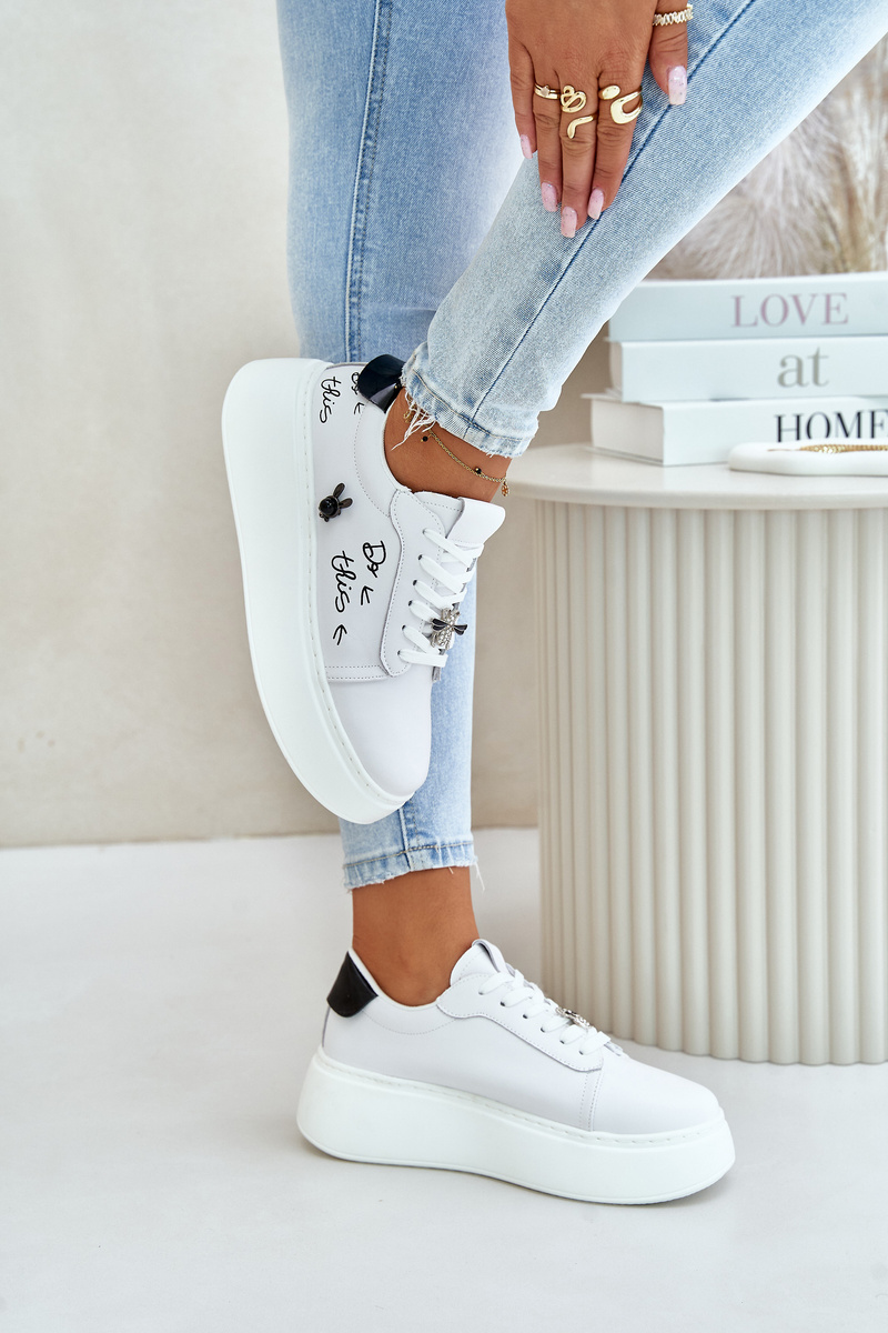 Women's Leather Platform Sneakers With Badges And Vinceza Inscription White