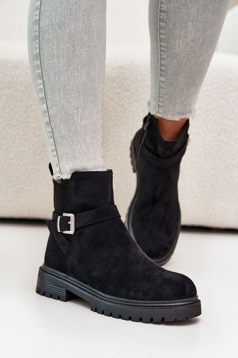Insulated ankle boots eco suede with zip with buckle black zinovelle