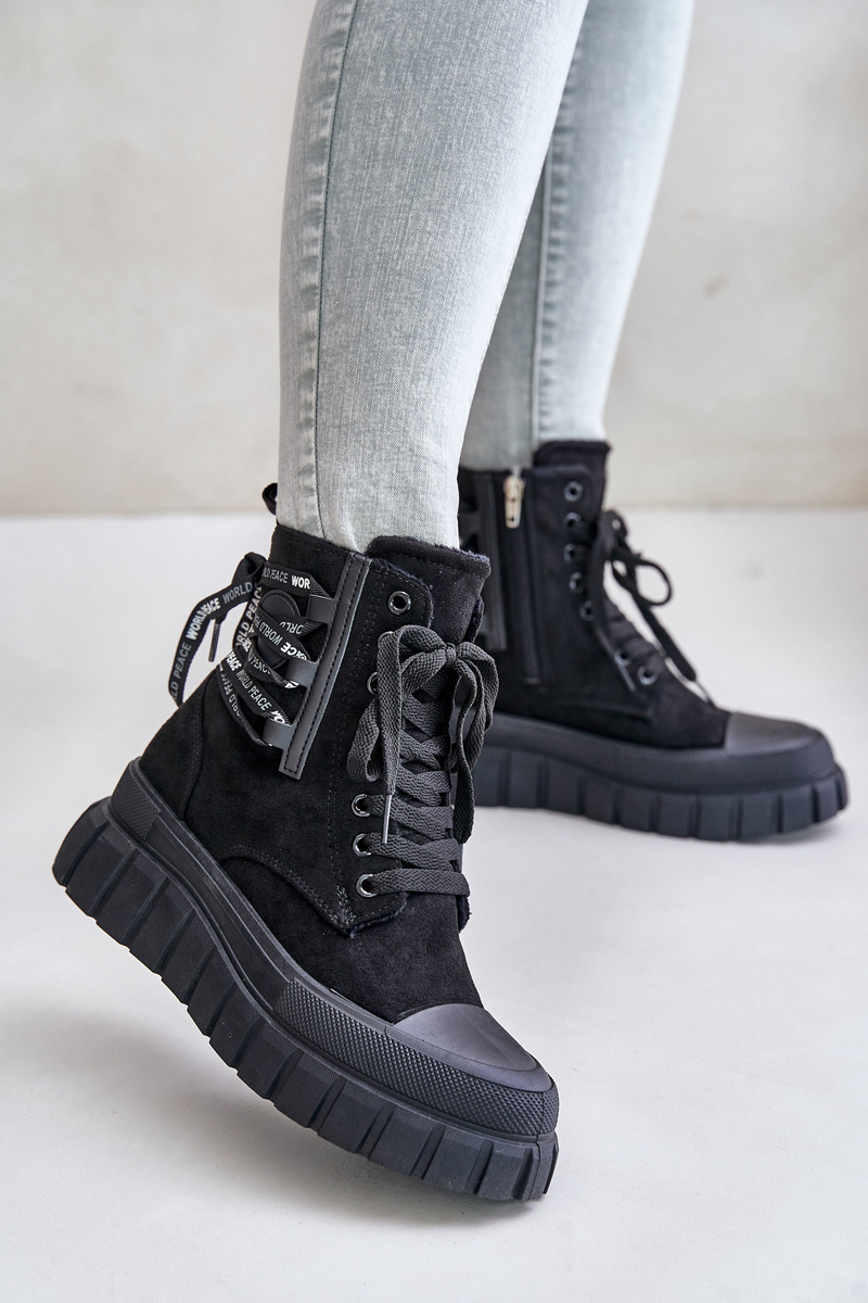 Women's platform ankle boots with decorative lacing black edidda