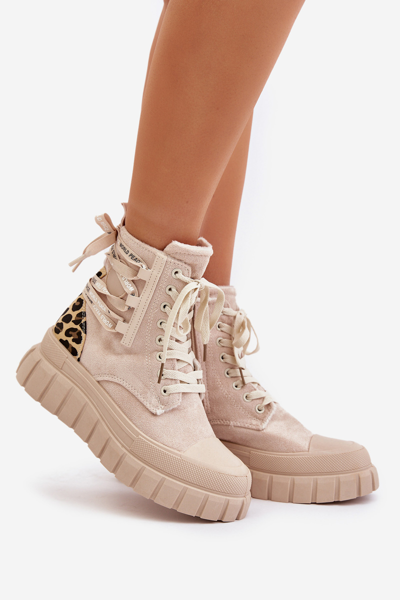 Women&#039;s platform ankle boots with decorative lacing Leopard light beige Edidda