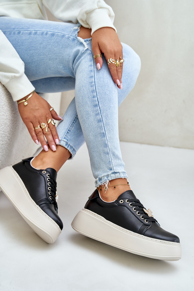 Women's leather platform sneakers with Vinceza brooch black