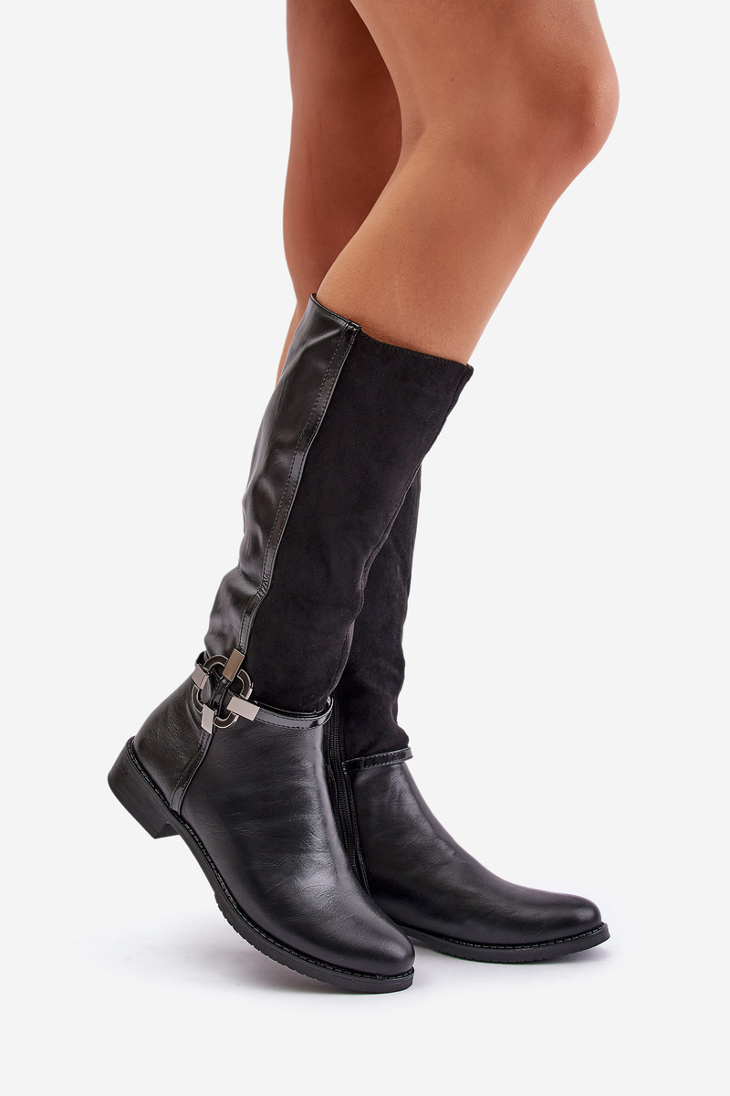 Insulated flat heel boots with decorative buckle black Leatharia
