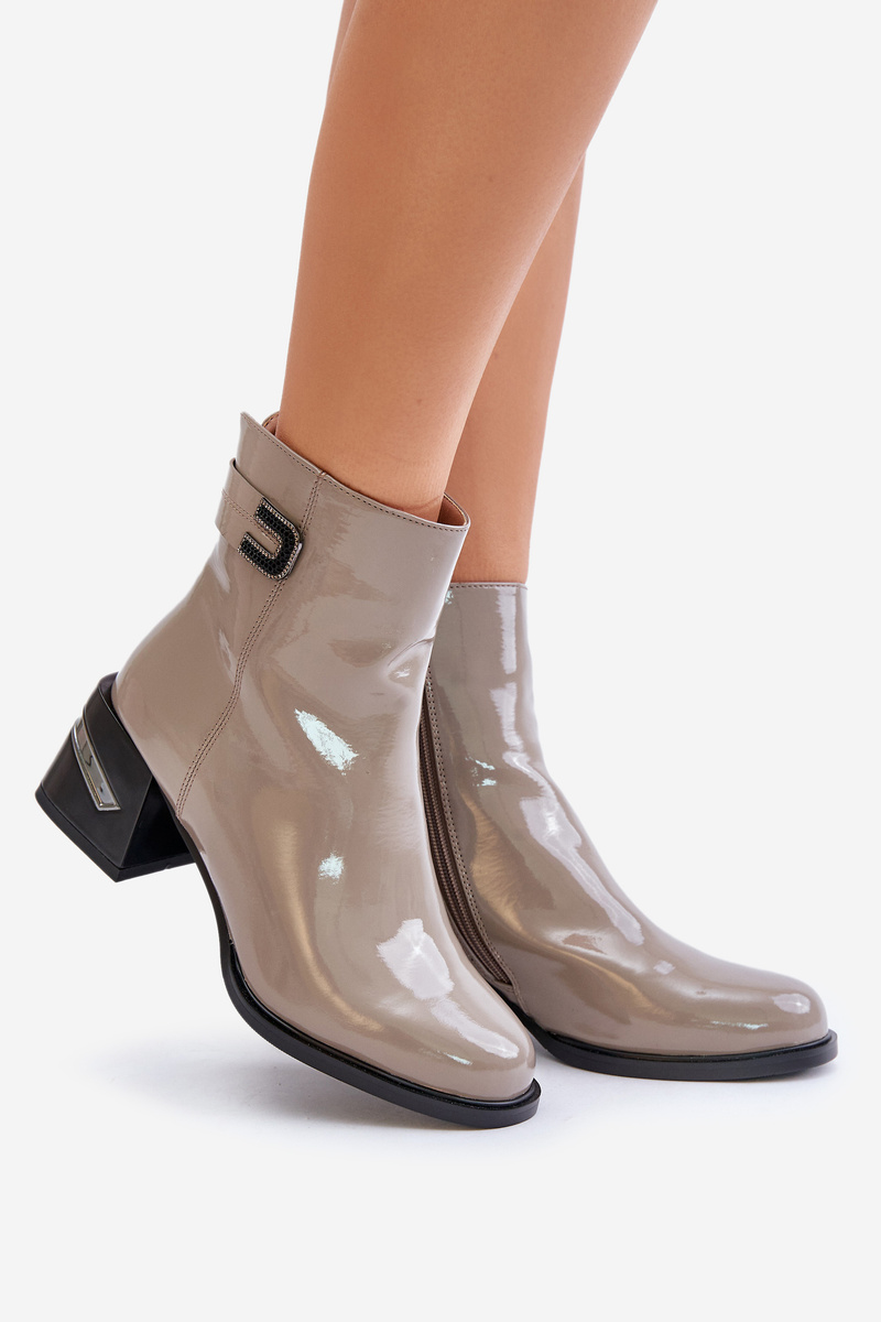 Patent leather ankle boots with heels - insulated grey
