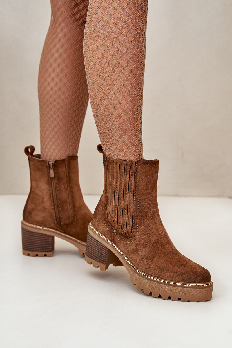 Women&#039;s ankle boots on a heel made of eco suede insulated brown Nevitas