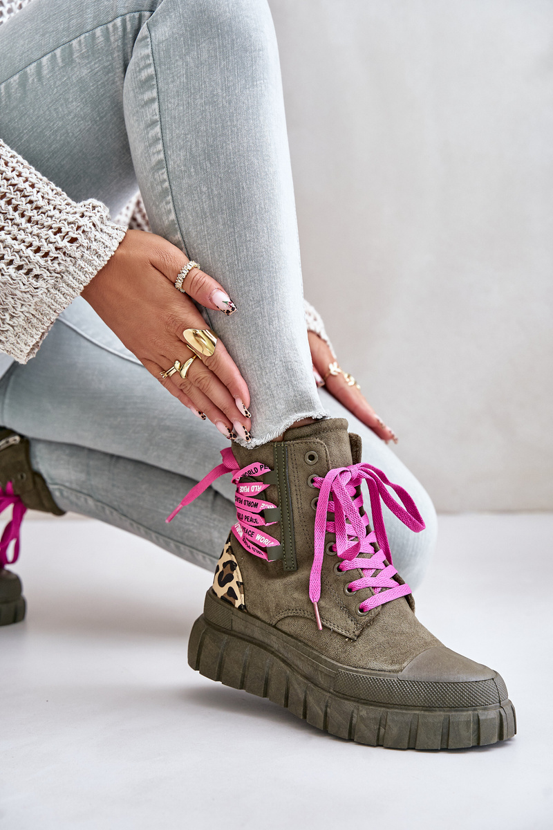 Women's Platform Ankle Boots with Lace Up Leopard Pattern Green Edidda