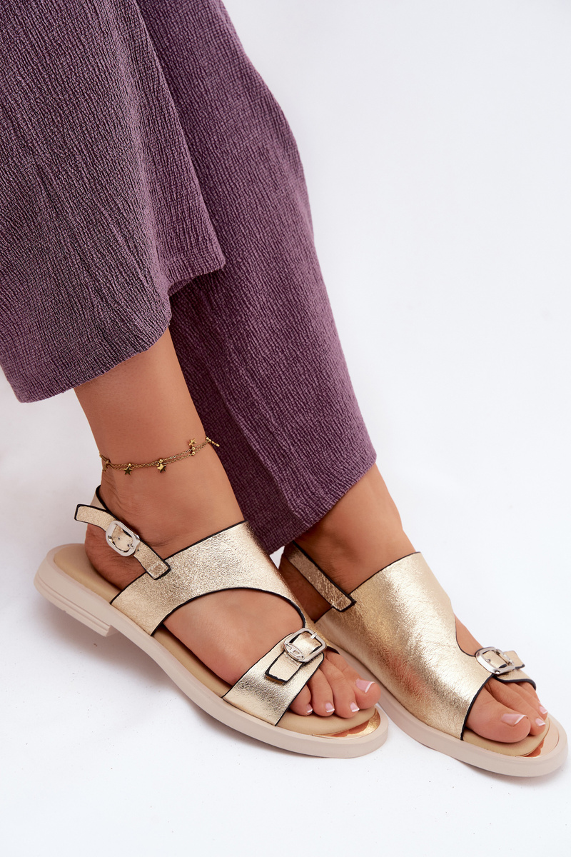 Sandale plate din piele pentru femei, aurii, Vinceza