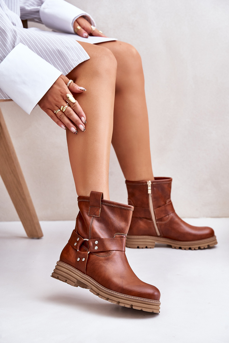 Leather women's ankle boots with flat heel Lewski brown