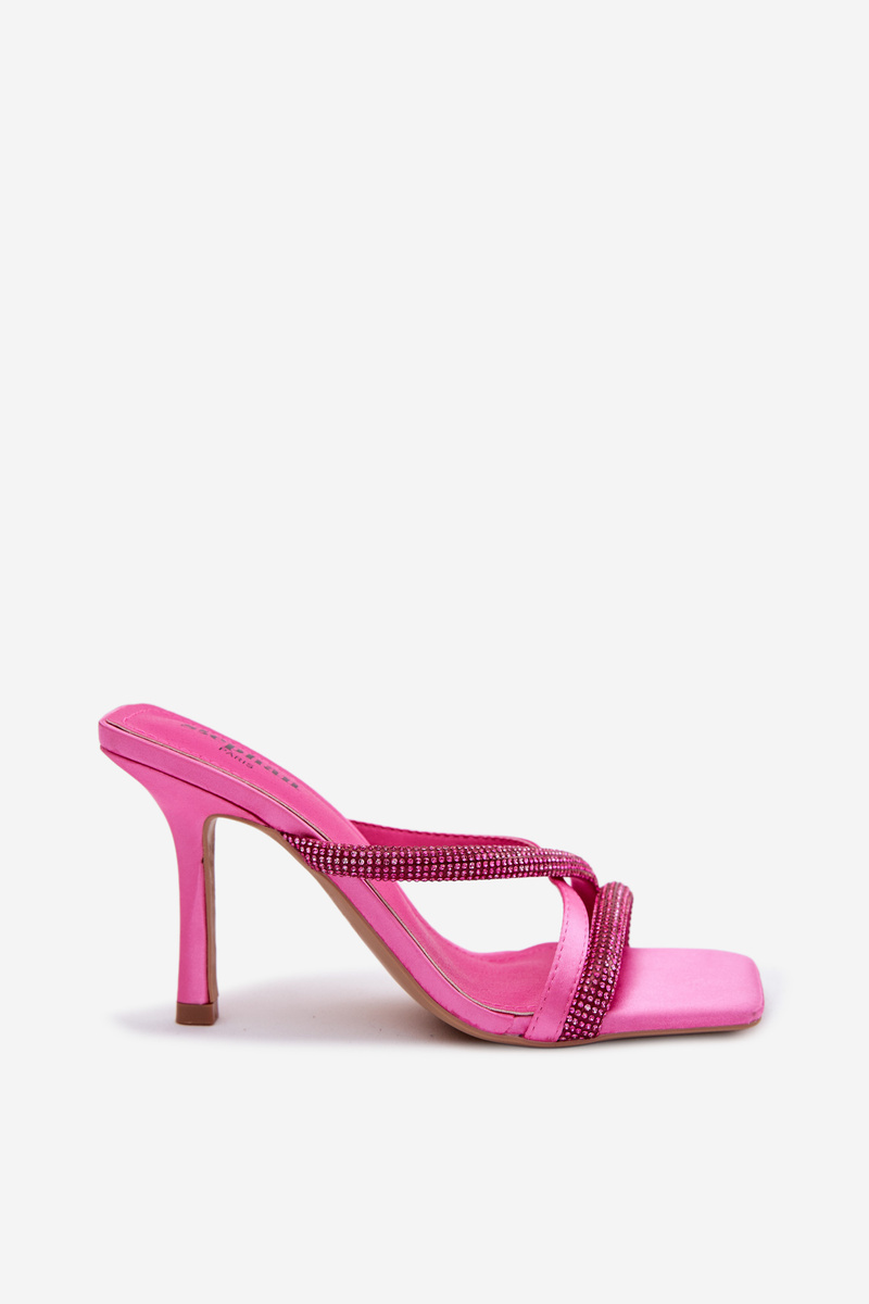 Dámske sandále na podpätku s remienkami a kamienkami Fuchsia