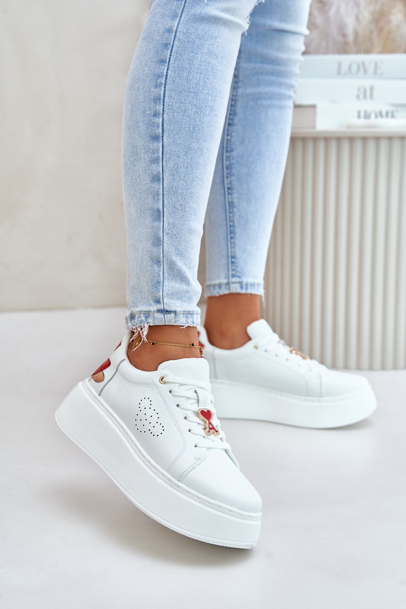 Women's Leather Platform Sneakers With Brooch And Decorative Flower White