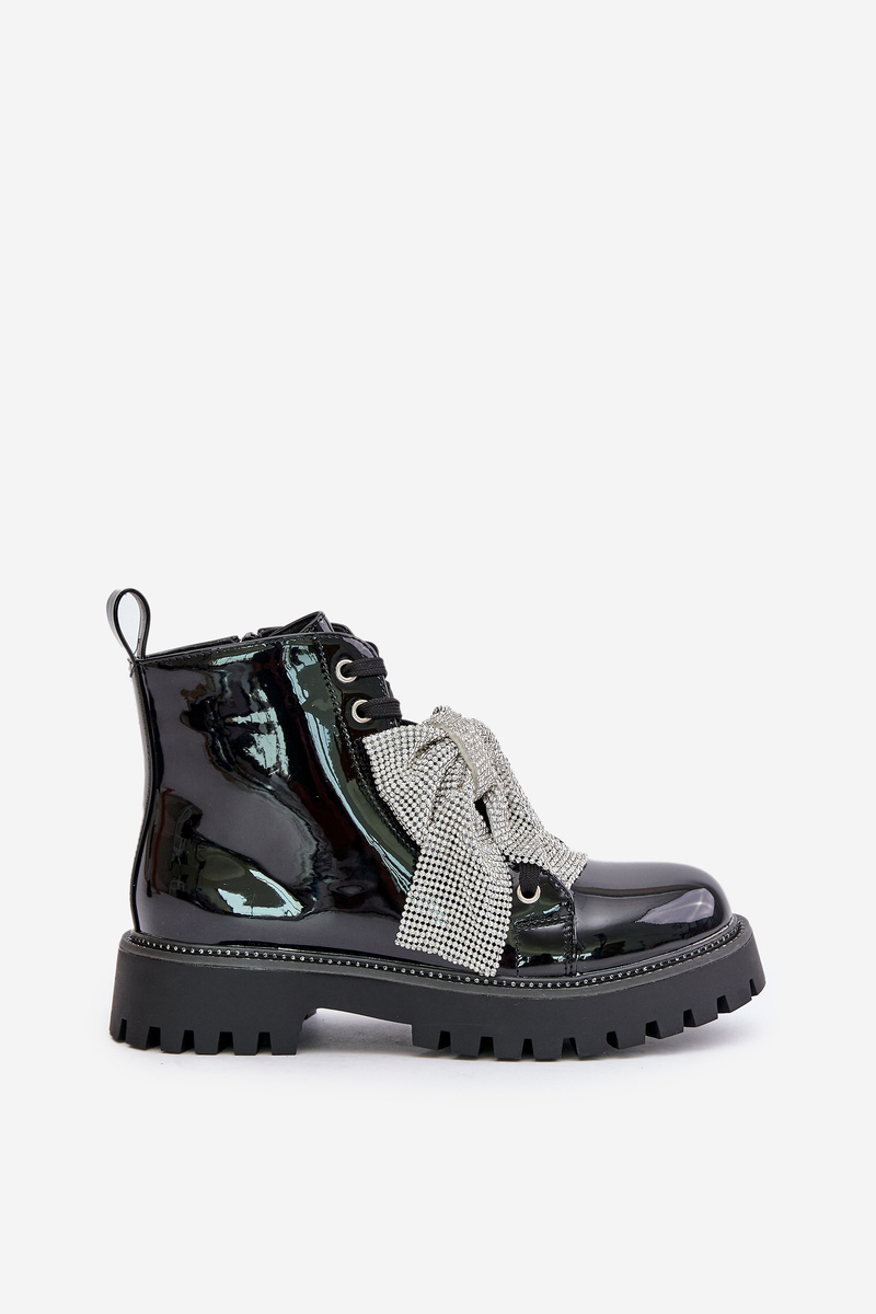 Patent leather women&#039;s ankle boots with bow black Ocenttia
