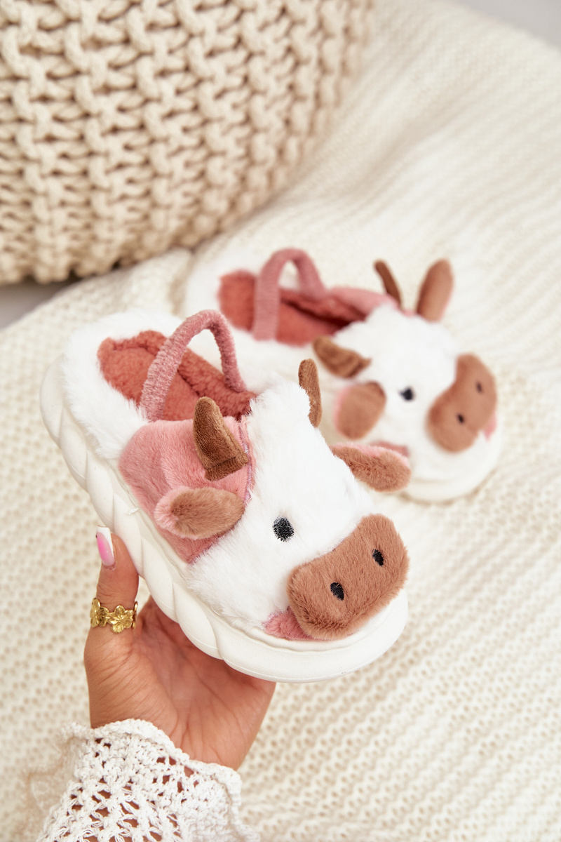 FK1 Children's Furry Slippers With Cow Motif Pink Tamorrin