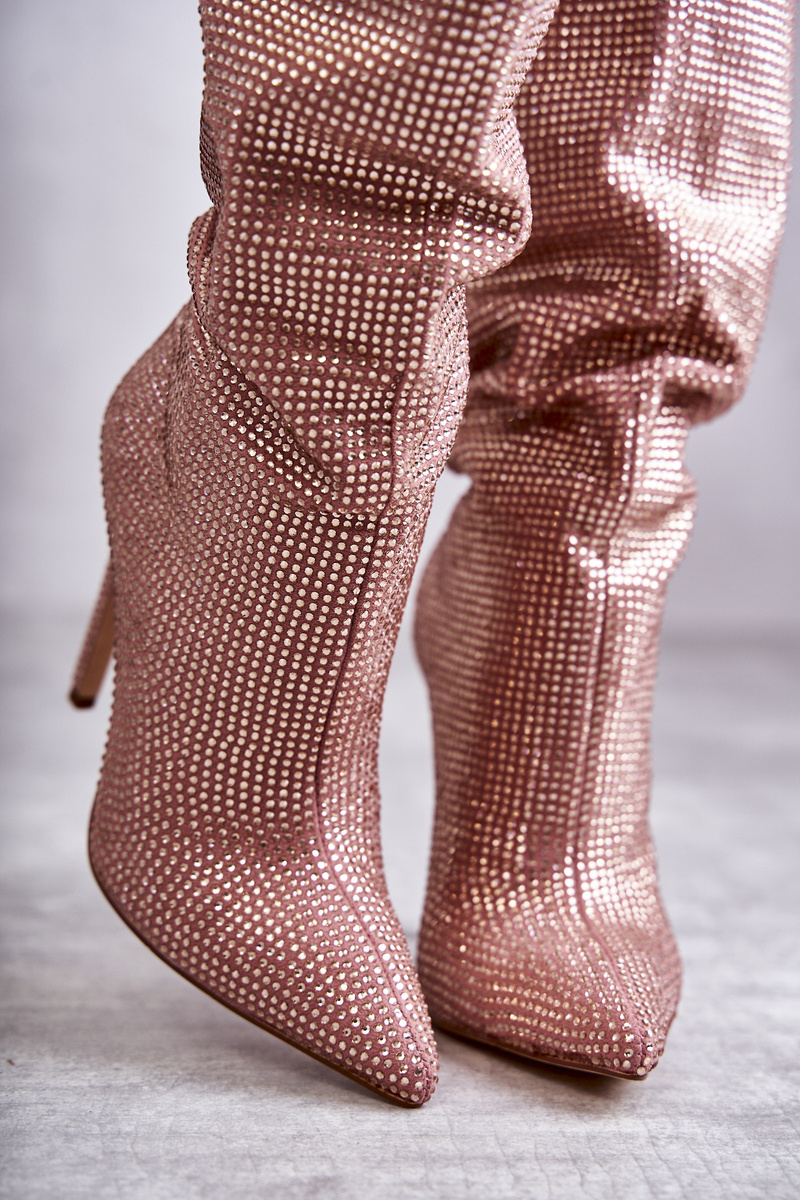 Cizme roz cu toc înalt și zirconiu cubic