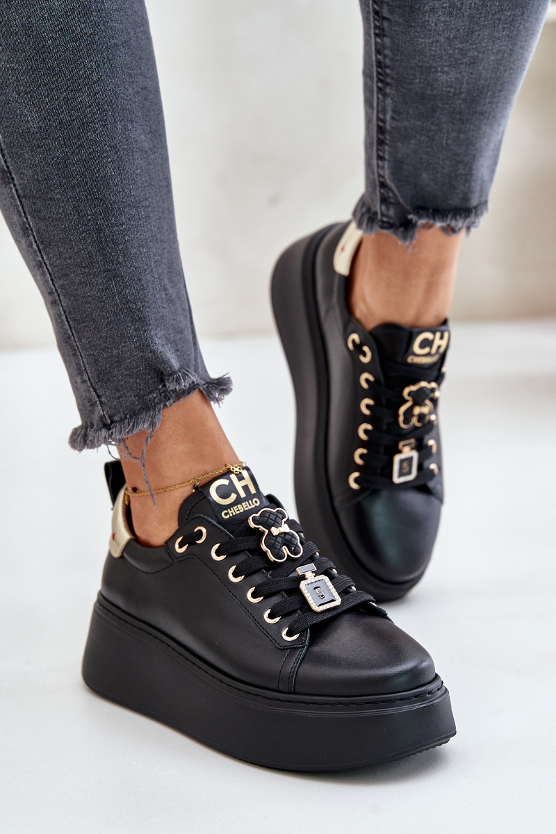 Women Leather Sneakers With Pins On Platform CheBello 4596 Black