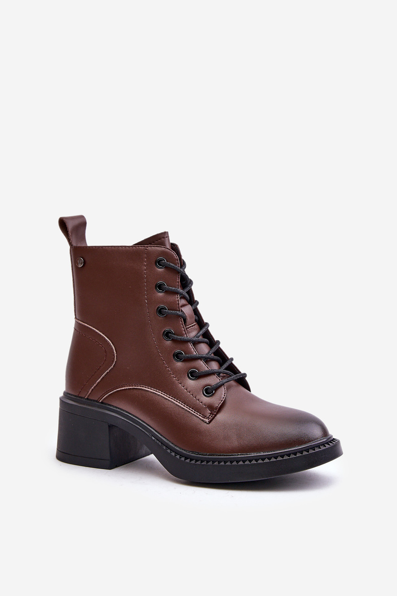 Insulated women's ankle boots on a low heel made of natural leather Vinceza brown