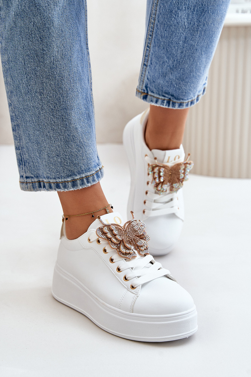 Women's platform sneakers with a butterfly white-gold Naritevia