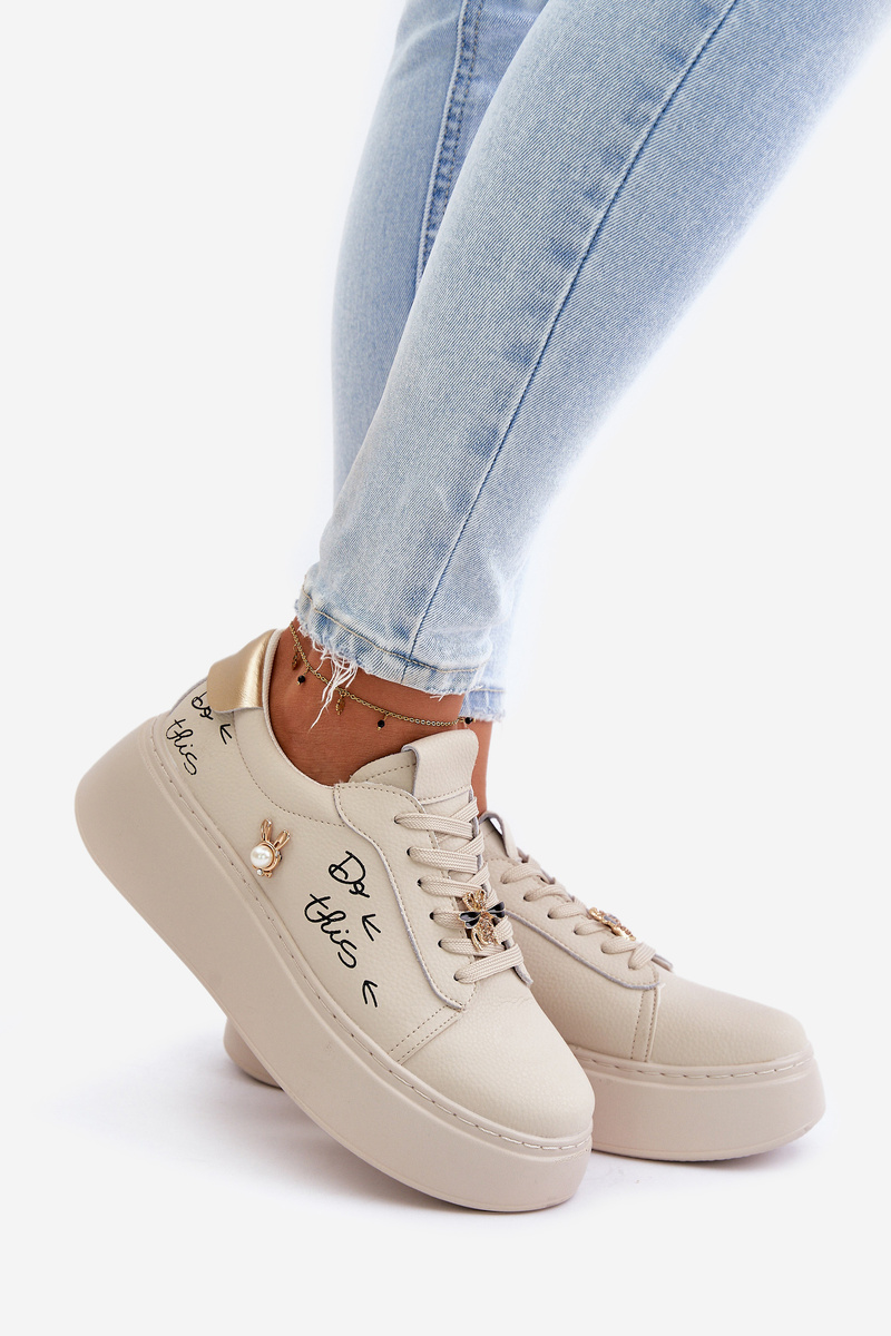 Women's Leather Platform Sneakers With Badges And Vinceza Beige Inscription