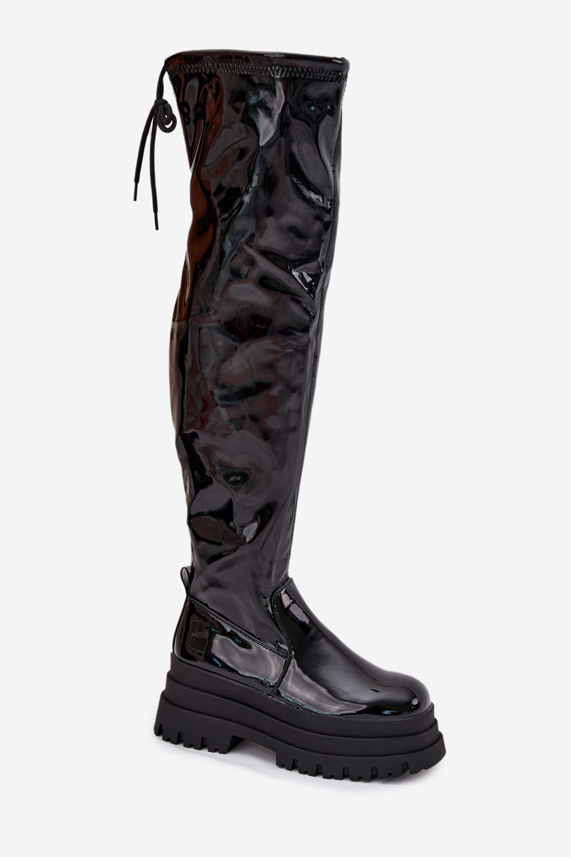 Boto Lakovane Čižmy Nad Kolená Na Masívnej Platforme Čierne Ravela
