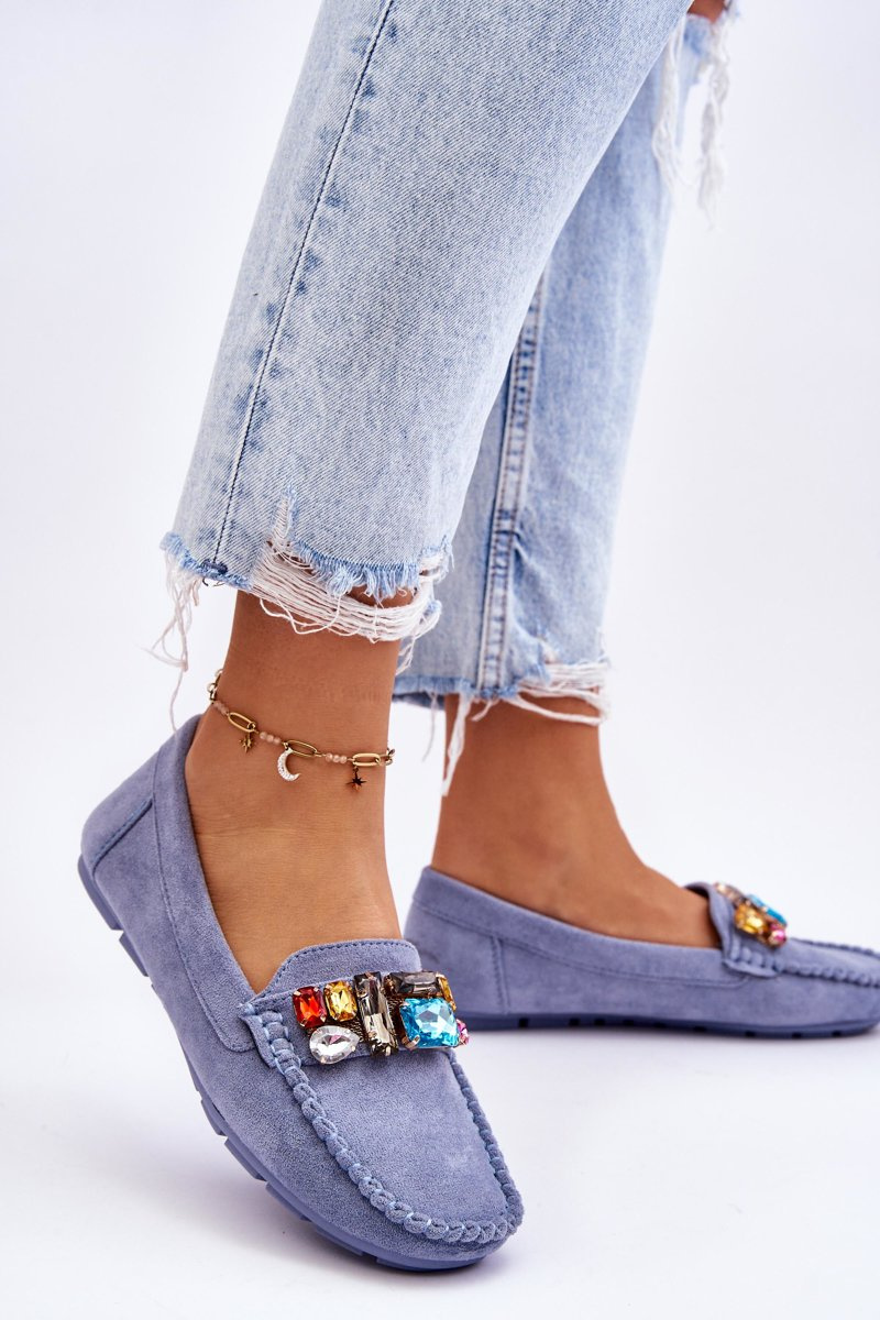 Women&#039;s suede loafers with crystals Blue Lucille