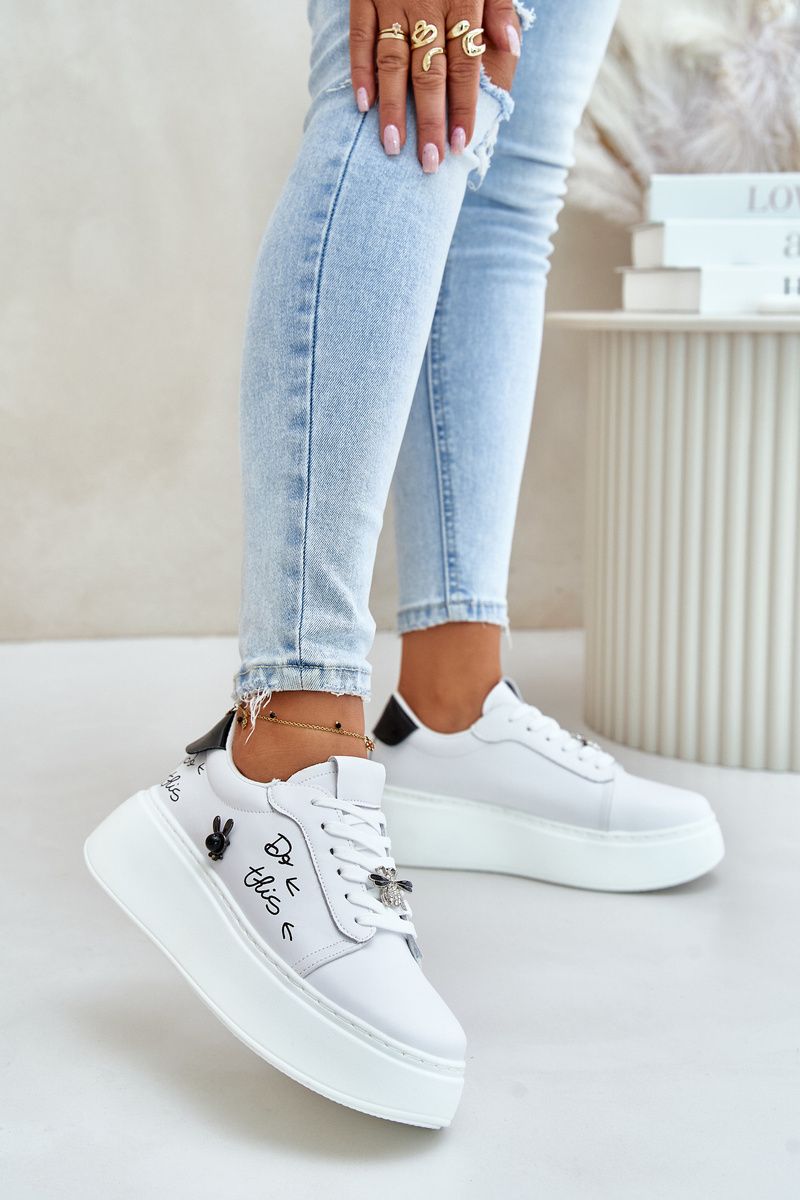 Women's Leather Platform Sneakers With Badges And Vinceza Inscription White
