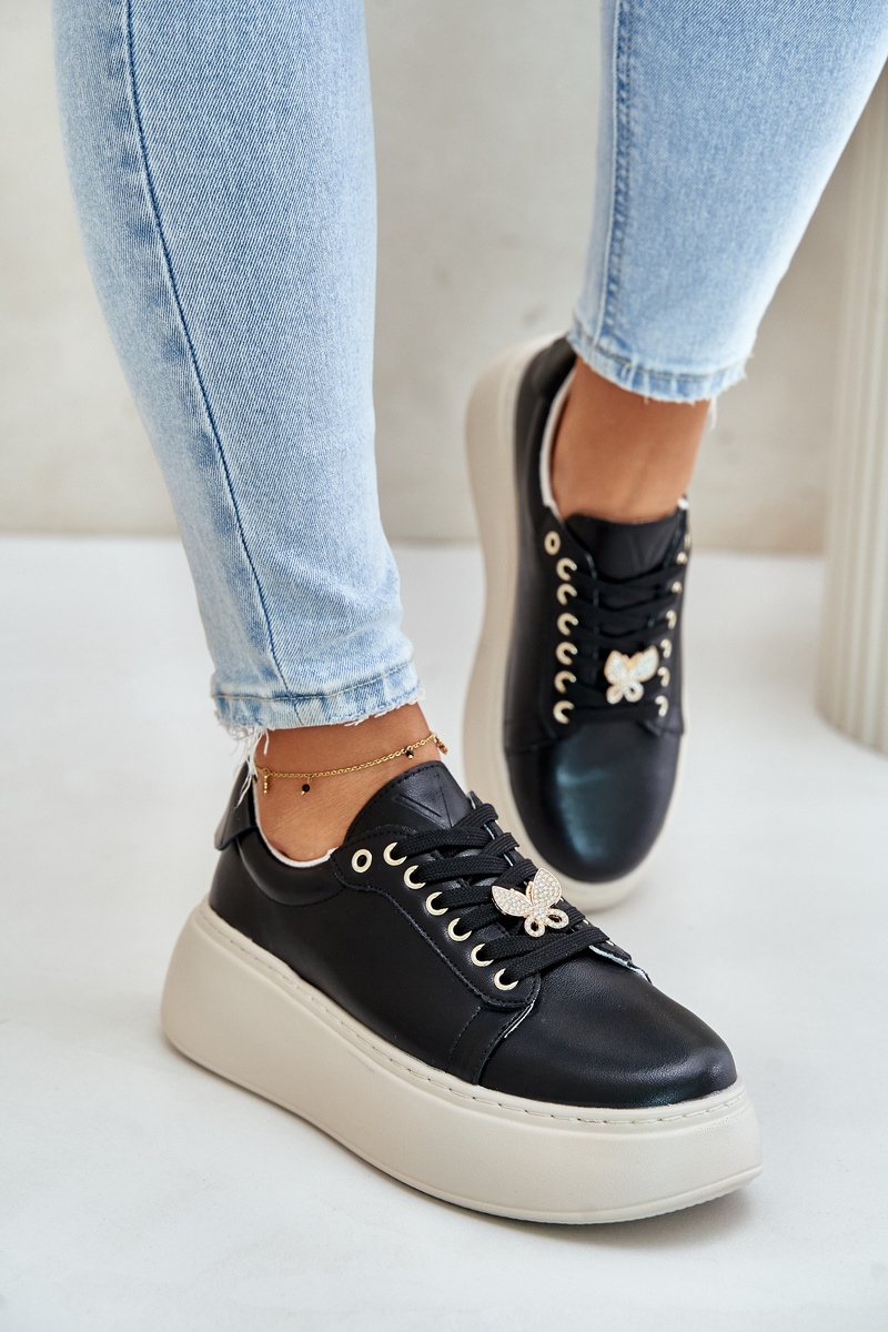 Women's leather platform sneakers with Vinceza brooch black