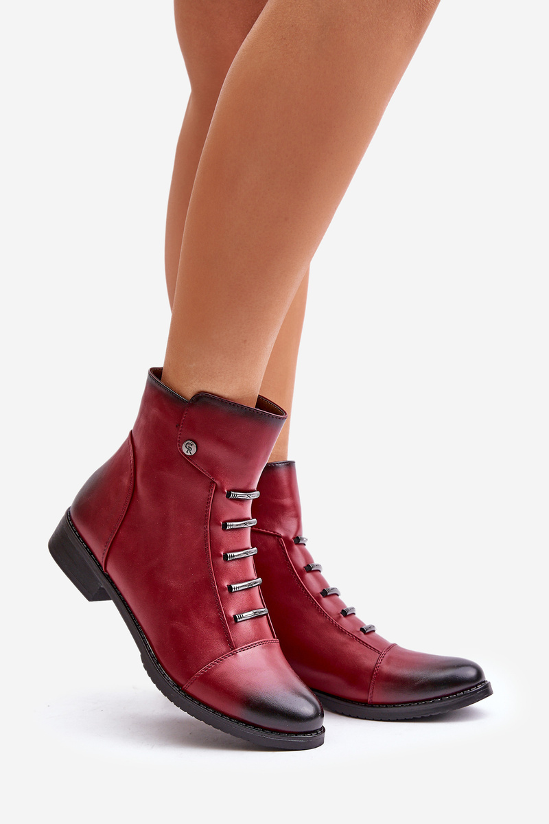 Insulated women's ankle boots with a flat heel burgundy