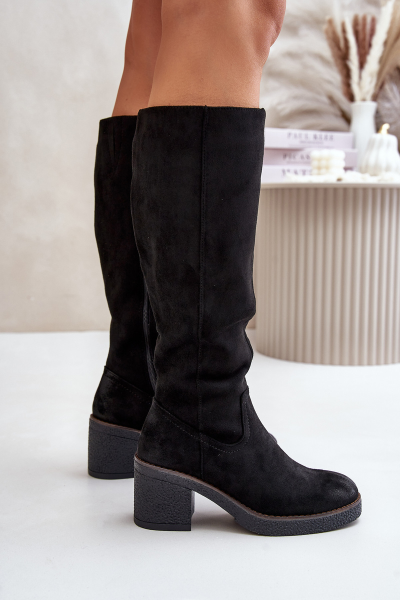 Insulated boots on heel eco suede below the knee black Leamirael
