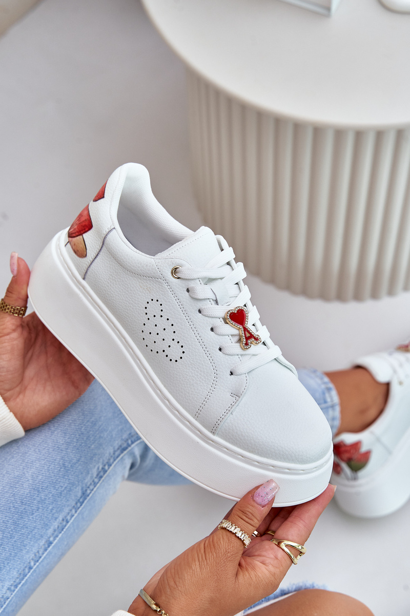 Women's Leather Platform Sneakers With Brooch And Decorative Flower White
