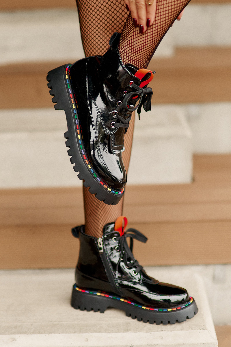 Leather patent leather ankle boots Workers with zip black Anafra